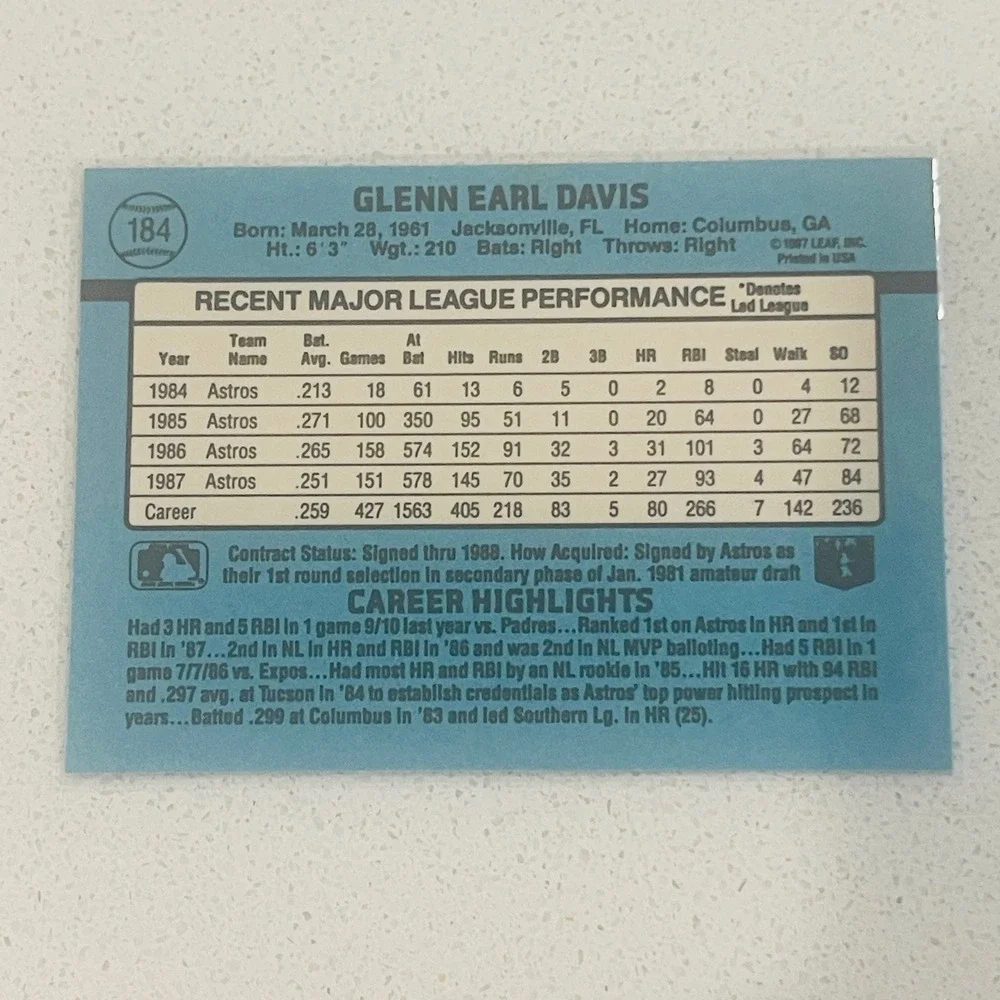 1988 Donruss Glenn Davis 184 Houston Astros Baseball Card MLB First Base
